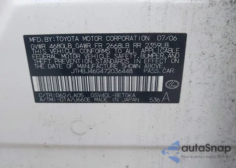 2007 Lexus Es 350 from USA, damaged, VIN JTHBJ46G472036448